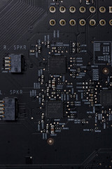 Close up of an electric circuit board. Microelectronics engineering technology