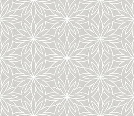 Modern simple geometric vector seamless pattern with white flowers, line texture on grey background. Light gray abstract floral wallpaper, bright tile ornament