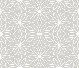 Modern simple geometric vector seamless pattern with white flowers, line texture on grey background. Light gray abstract floral wallpaper, bright tile ornament