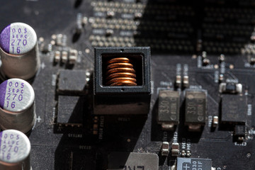 Close up of an electric circuit board. Microelectronics engineering technology
