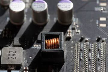 Close up of an electric circuit board. Microelectronics engineering technology