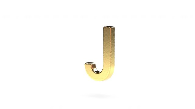 Seamless Animation of Casting a 3D Roboto Liquid Gold Font. Letter J is Poured, Hardens and Rotates like a Bare of Gold Isolated on a White Background. Luma Matte Included.