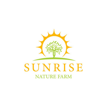 Illustration organic farm with sunshine as power logo design