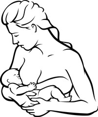 Mother Breast Feeding Baby, Line Art