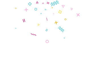 Memphis style geometric confetti vector background with triangle, circle, square shapes, zigzag