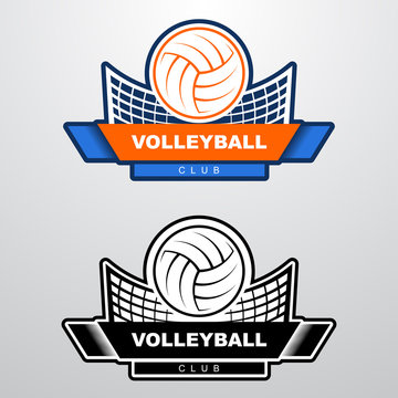 Volleyball logo template with ball flying over the net. Orange and blue sport logo template with flying ball.