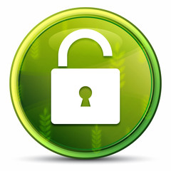 Padlock open icon spring bright natural green round button illustration