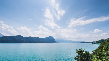Panorama of the lake and mountains of the Alps in Switzerland.