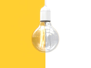 Edison's light bulb on and off. Image of an incandescent lamp divided in half into two parts. Contrast comparison of opposites. Isolated on white and yellow background. 3D rendering.