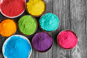 Colorful powder paints in bowls for Indian Holi festival