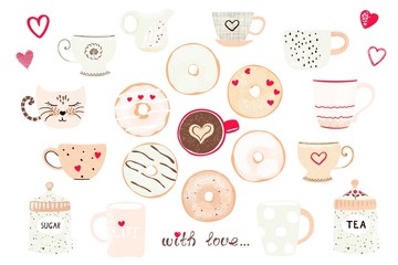 Big romantic collection of coffee and tea ceramic cups, glazed dunats, doodle hearts with love. Vector set pastel colors in vintage flat style. Template for Valentine day