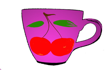 Purple coffee cup with cherry pattern (illustration)