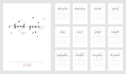 Good Year beautiful monthly Calendar for 2020 Year. Printable and ready to use design template. Stylish monochrome stationery design. Minimal vector calendar for 2020