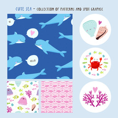 Super cute vector collection of 3 different Patterns and Spot graphics. Undersea cartoon illustration set. Tropical sea Collection.
