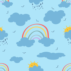 Cute clouds, sun, clouds, rainbow. Style cartoon, seamless Pattern. Vector illustration
