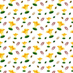 Seamless watercolor pattern with forest fall yellow mushroom, grass and leaves. Hand drawn illustration. Print for textile, fabric, wrapping paper, scrapbooking and web design.