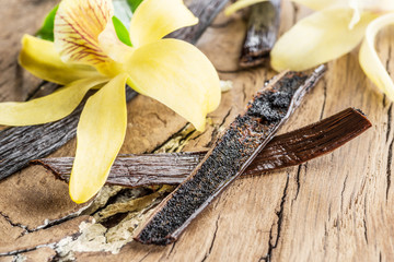 Dried vanilla fruits and vanilla orchid on wooden table.