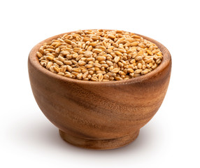 Wheat grains in wooden bowl isolated on white background