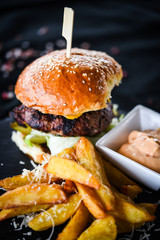 home made burger with french fries