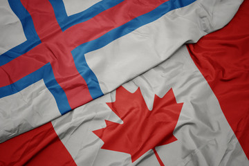 waving colorful flag of canada and national flag of faroe islands.