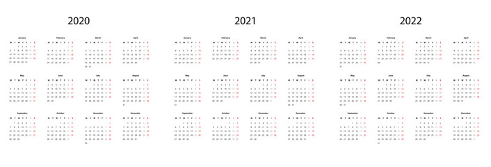 Calendar  2020, 2021 and 2022 - simple template