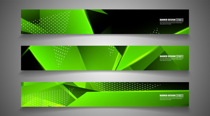 Fototapeta premium set the triangle background light header banner. Abstract composition of 3D triangles. Modern geometric green backgrounds isolated black