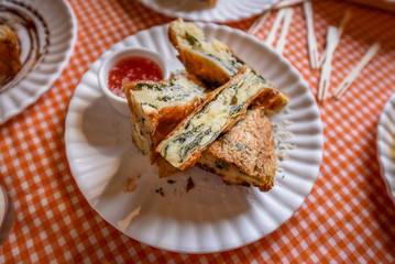 Pastry breakfast cake and dessert. Traditional meal. Burek