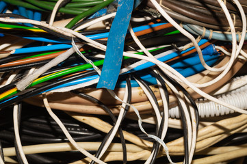 Used electric colorful wires. hank of different old cables