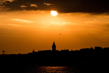 silhouette of galata tower at sunset in Istanbul