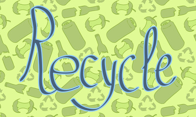 Zero waste poster in doodle style. Lettering on background with garbage pattern and recycle signs. Vector illustration.
