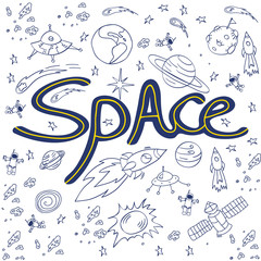 Space poster in doodle style. Composition with lettering and hand drawn cosmic objects. Vector illustration.