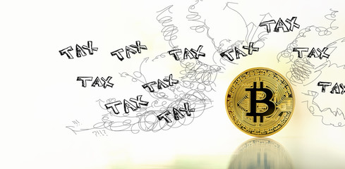 Tax problem theme with gold bitcoin cryptocurrency coin