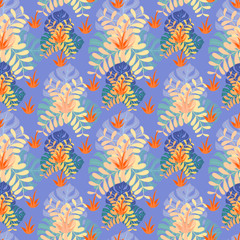 Abstract floral seamless pattern with monstera, acacia and agave. Vector illustration.