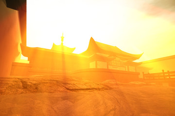 Chinese Inner Courtyard in the Sunset 3D Illustration