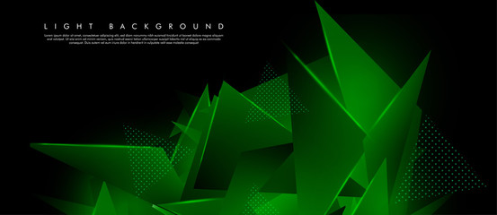 Triangular background. Abstract composition of 3D triangles. The geometric background of modern green is insulated black