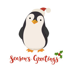 Season's Greetings vector card with funny Christmas penguin