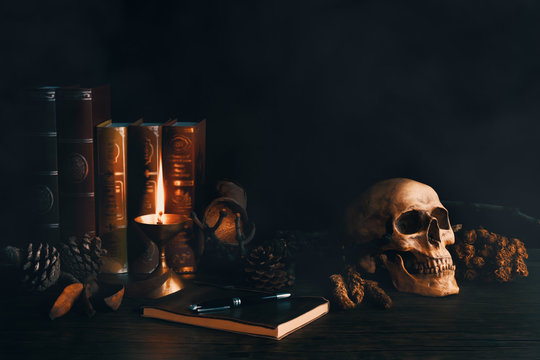 still life vintage of human skull with books, dried flowers, pine  nut, lamp, note book and pen on wooden table in the smoky atmosphere dark room
