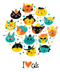 Cute vector vintage style design with characters of cats and kittens with I love you text