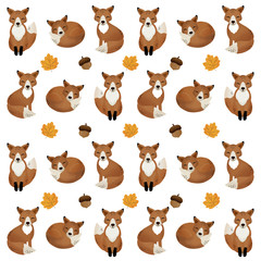 Autumn forest pattern with cute foxes.