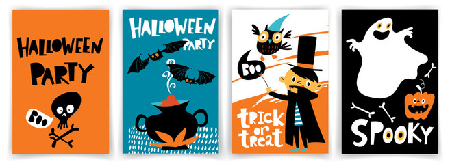 Set of four vector Halloween party posters in cartoon flat style