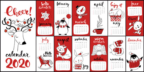 Vector cartoon 2020 calendar with Christmas symbols in red color