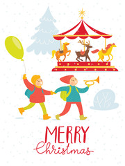 Merry Christmas vector card with happy children