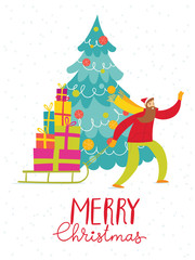 Merry Christmas vector card with shopping man