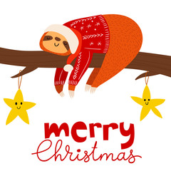 PrintVector Merry Christmas poster with cute funny sloth