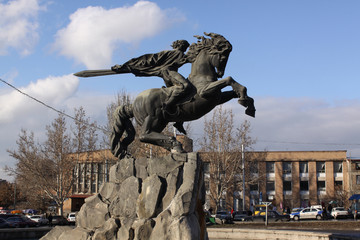 Fototapeta na wymiar An equestrian statue of Andranik near the Saint Gregory Cathedral in central Yerevan, Armenia