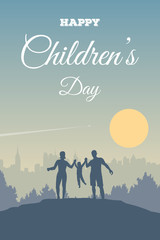 Greeting card for Happy Children’s Day. Young family outdoors. Father, mother and boy on a background of a sun, forest and city landscape. Silhouettes of people - parents and child.