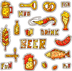 Multicolor collection of beer stickers. Orange and brown cartoon doodles