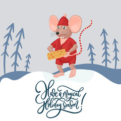 Christmas vector mouse card. Cartoon illustration with mice and cheese slice.