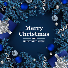 Christmas blue background with realistic fir branches, pine cones and balls. Vector top view illustration. 