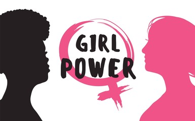 Girl power banner with women's silhouettes and feminism emblem.
